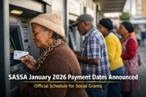 SASSA grant beneficiaries withdrawing money from ATM in South Africa