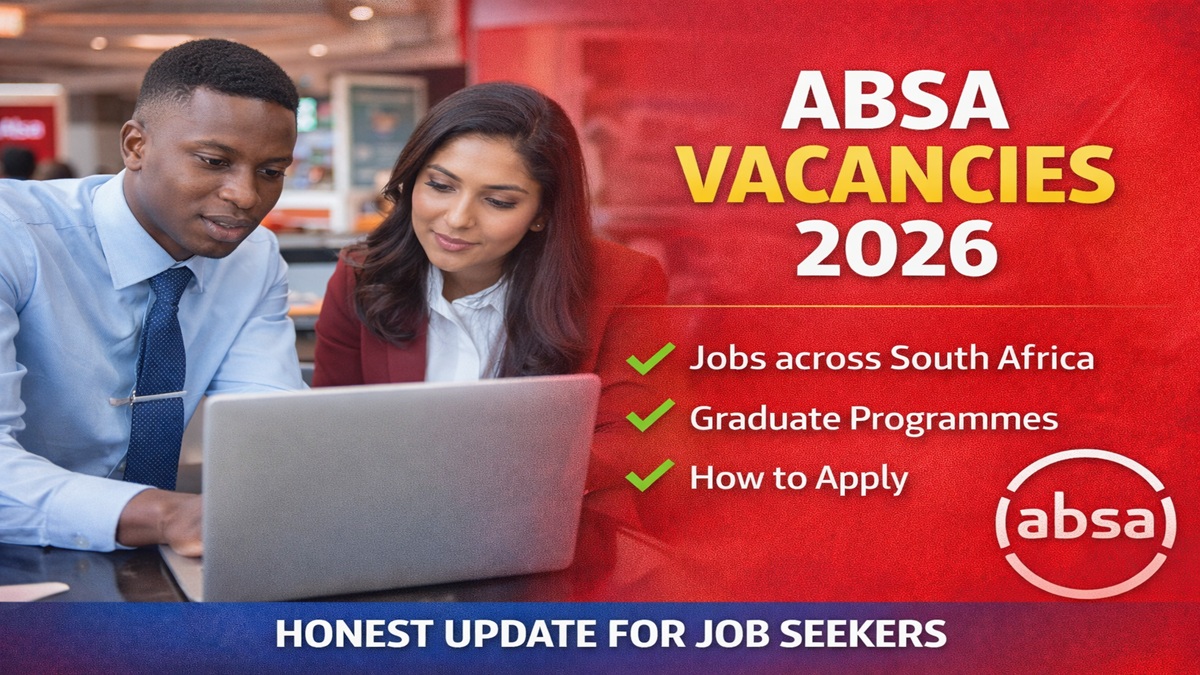 Two professionals reviewing a laptop inside an Absa office, representing Absa vacancies and graduate job opportunities in South Africa