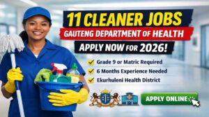 Smiling female cleaner in blue uniform promoting 11 Cleaner Jobs at Gauteng Department of Health 2026 in Ekurhuleni Health District