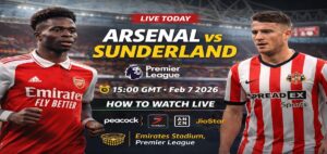 Arsenal vs Sunderland live football match graphic showing players from both teams at Emirates Stadium ahead of Premier League kickoff