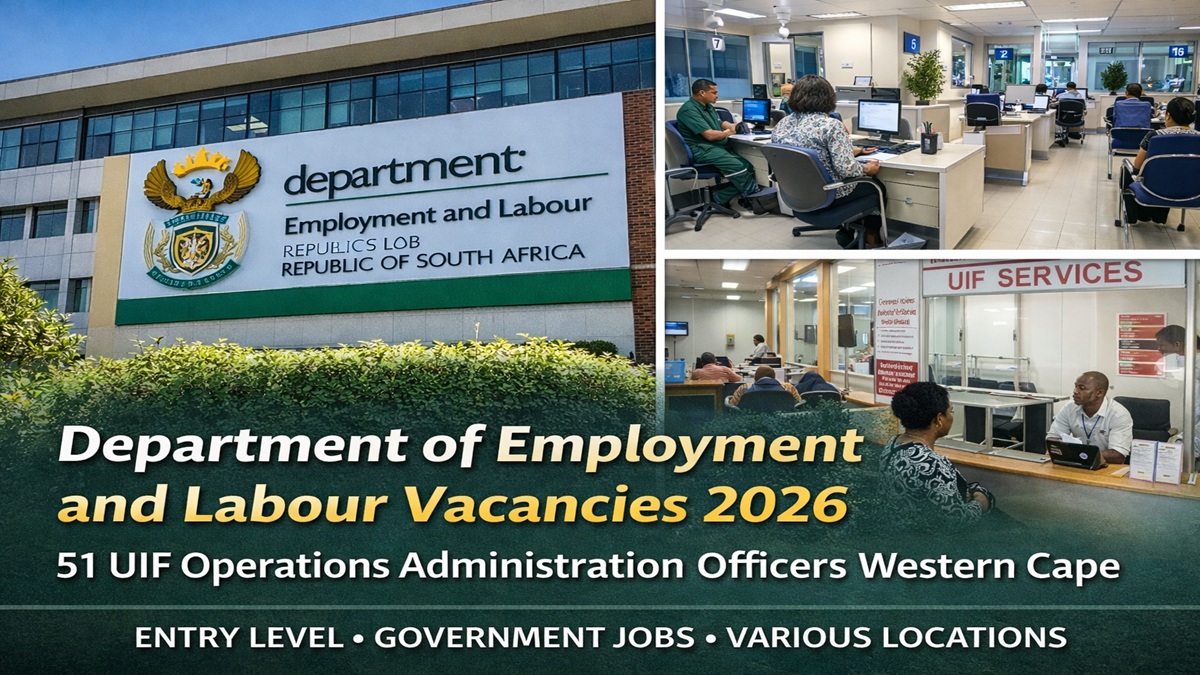 Department of Employment and Labour Vacancies 2026 poster showing UIF Operations Administration Officer jobs in Western Cape Labour Centres.