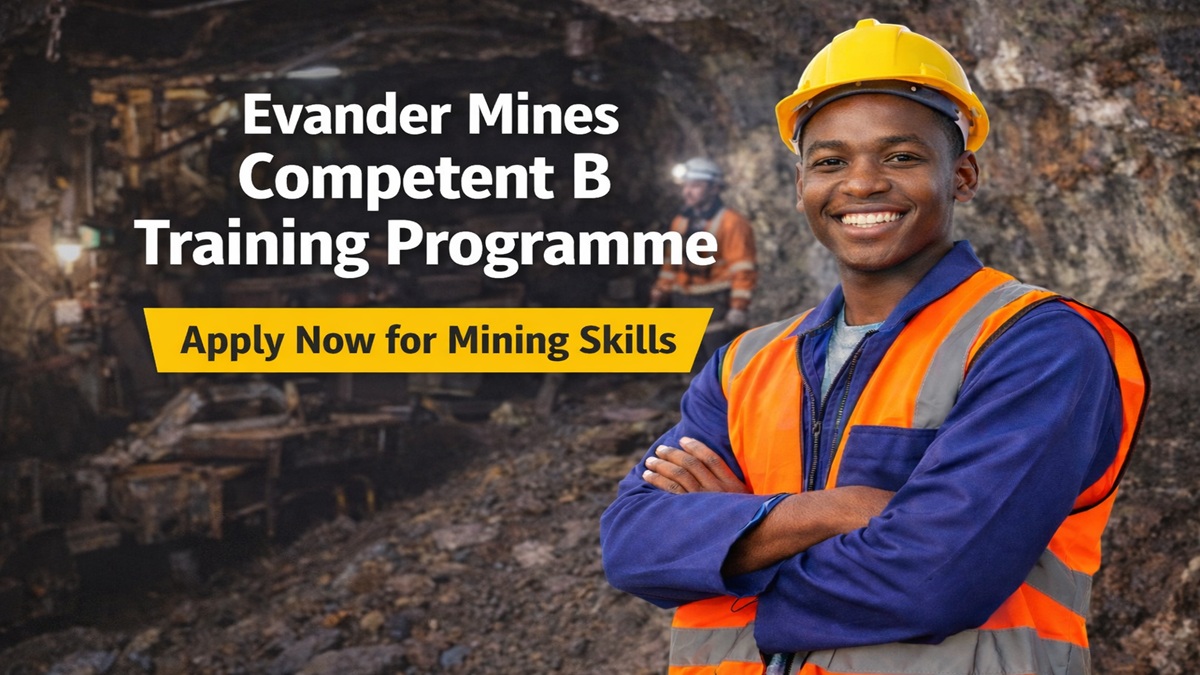 Young mining trainee wearing safety helmet and reflective vest inside an underground gold mine representing Evander Mines Competent B Training Programme 2026