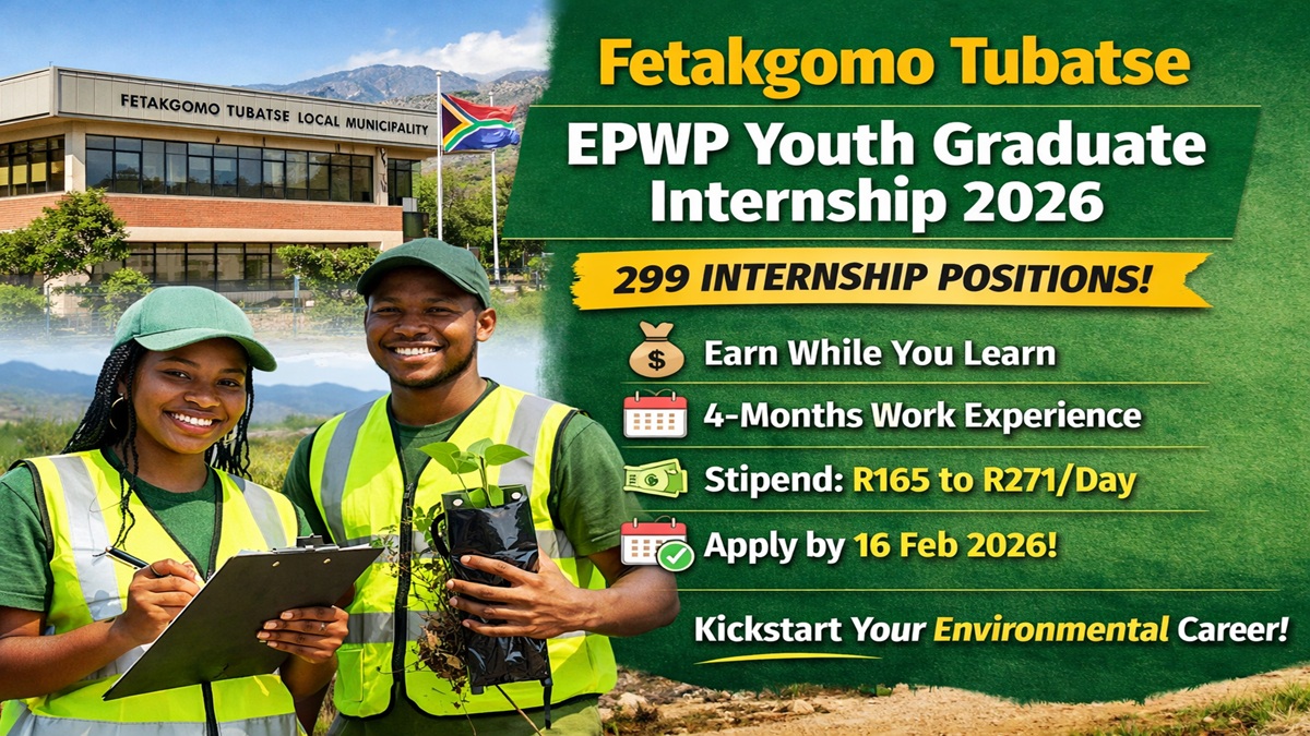 Young environmental interns standing outside Fetakgomo Tubatse Local Municipality building promoting EPWP Youth Graduate Internship 2026 with 299 available positions.