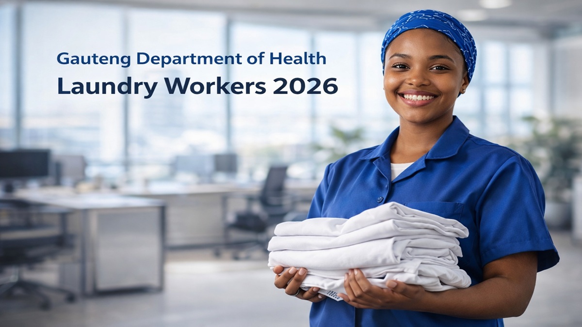 Confident young South African laundry worker holding clean hospital linen representing the Gauteng Department of Health Laundry Workers 2026 vacancies