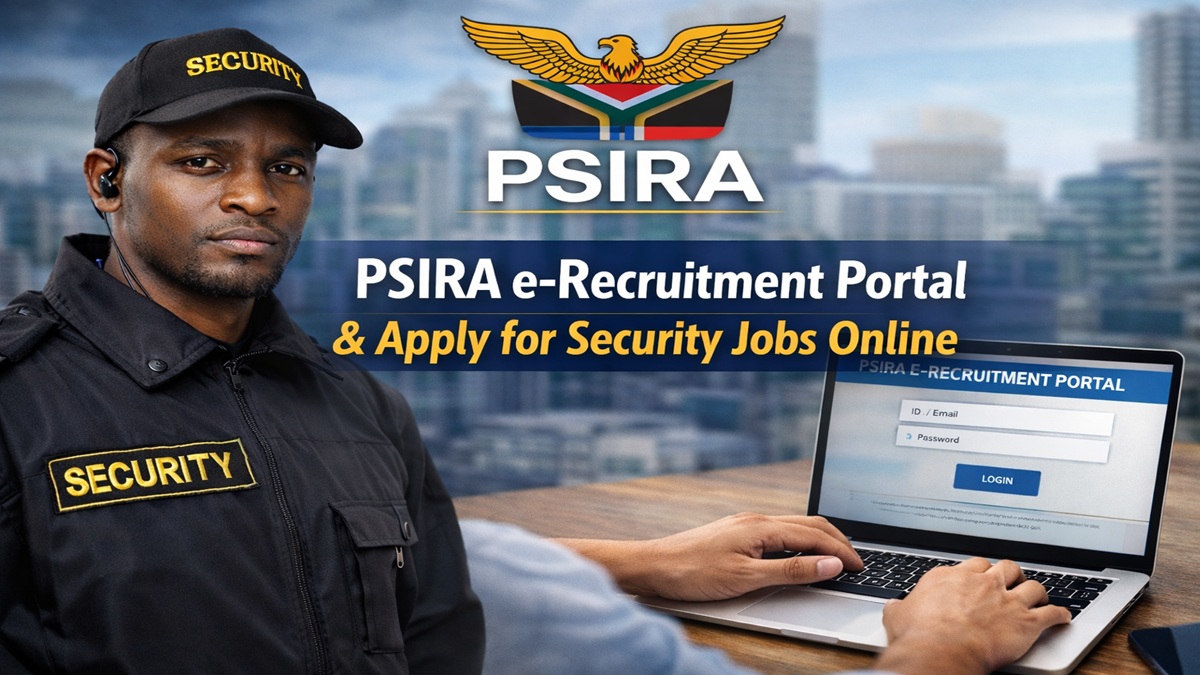 Security guard and laptop screen showing PSIRA e-Recruitment Portal login page for online job application in South Africa.