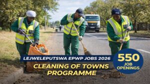 Workers cleaning a street under Lejweleputswa Municipality EPWP Cleaning of Towns Programme 2026
