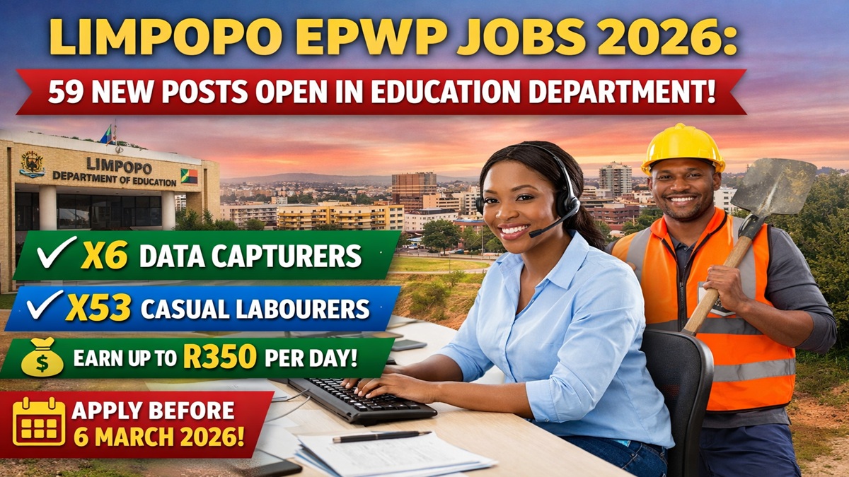 Limpopo EPWP Jobs 2026 poster showing 59 vacancies for Data Capturers and Casual Labourers in the Limpopo Department of Education