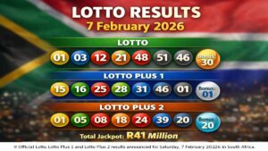 South Africa Lotto, Lotto Plus 1 and Lotto Plus 2 winning numbers for 7 February 2026 with total jackpot of R41 million