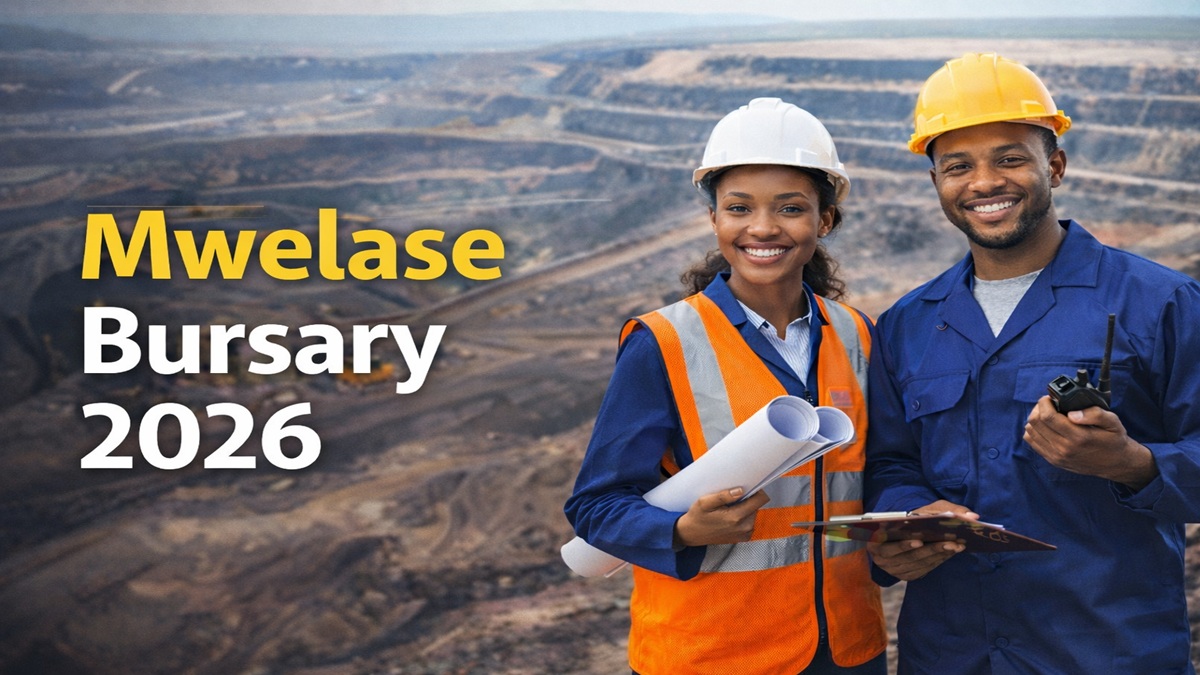 Two engineering students in safety gear at a mining site representing the Mwelase Bursary 2026 opportunity in South Africa