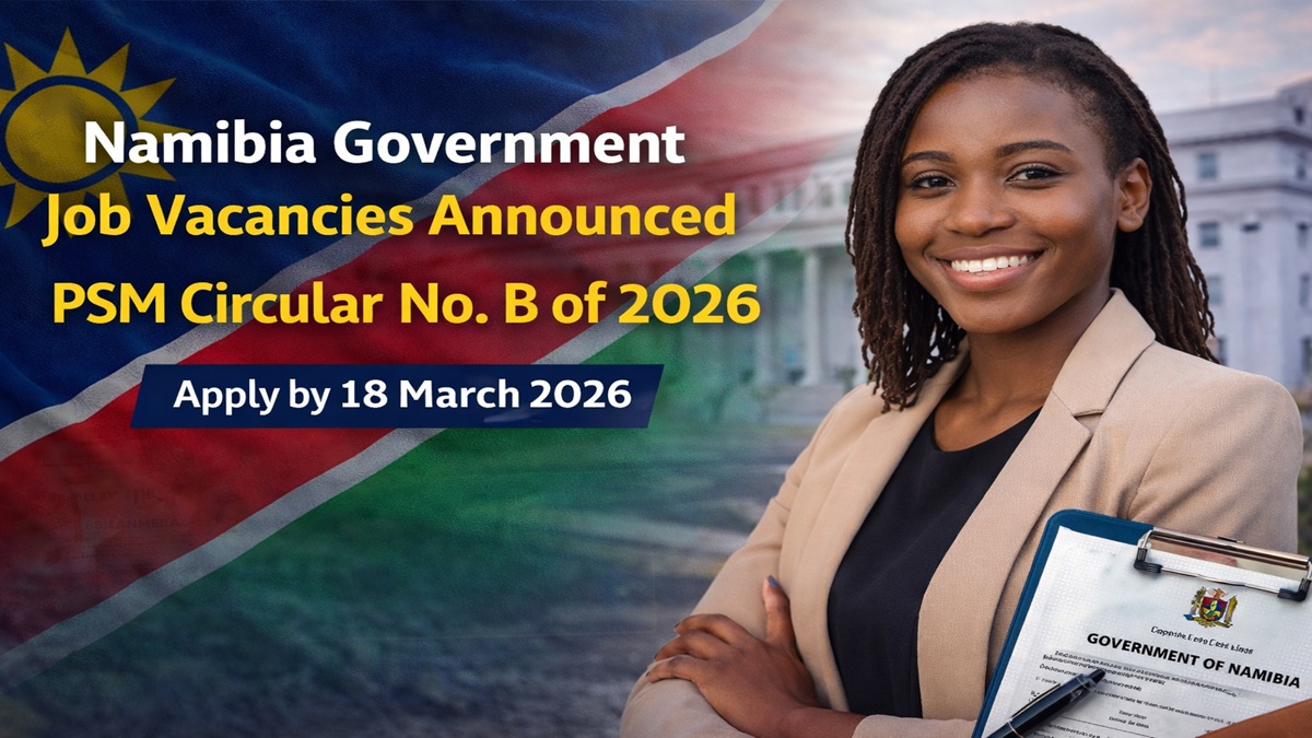 Professional woman standing in front of Namibia government building representing PSM Circular No. B of 2026 Namibia government job vacancies