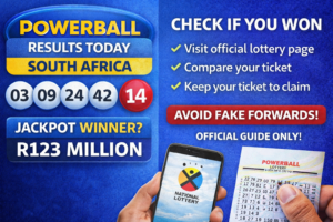 PowerBall results today in South Africa showing winning numbers and jackpot information with a lottery ticket and smartphone