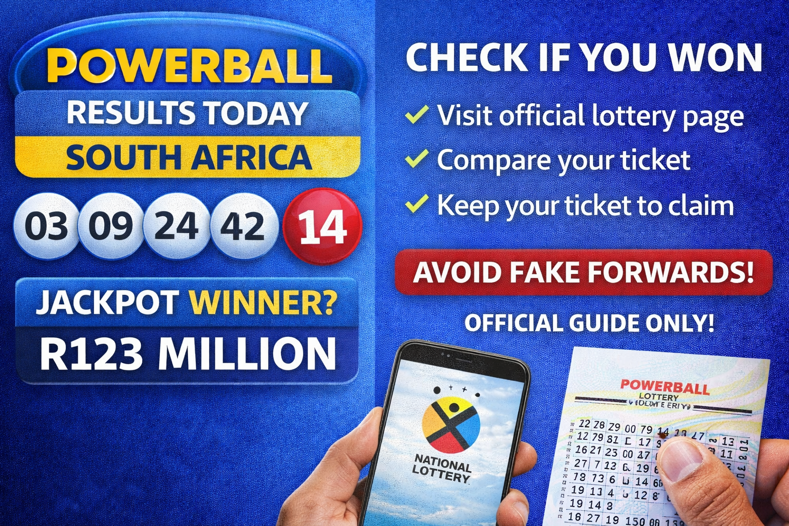 PowerBall results today in South Africa showing winning numbers and jackpot information with a lottery ticket and smartphone
