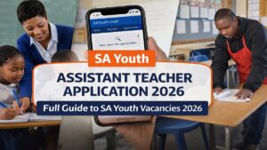 Assistant teacher helping primary school learners in a South African classroom while a general school assistant cleans desks, with SAYouth.mobi application shown on a mobile phone.