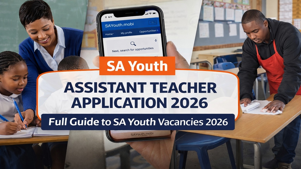 Assistant teacher helping primary school learners in a South African classroom while a general school assistant cleans desks, with SAYouth.mobi application shown on a mobile phone.