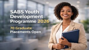 Confident young South African graduate in a corporate office representing the SABS Youth Development Programme 2026 with 70 graduate placements open