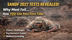 SANDF recruit crawling under barbed wire during military fitness assessment for SANDF 2027 recruitment tests