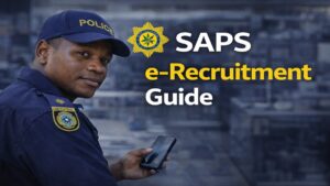 South African police officer using a smartphone representing the SAPS e-Recruitment portal application process