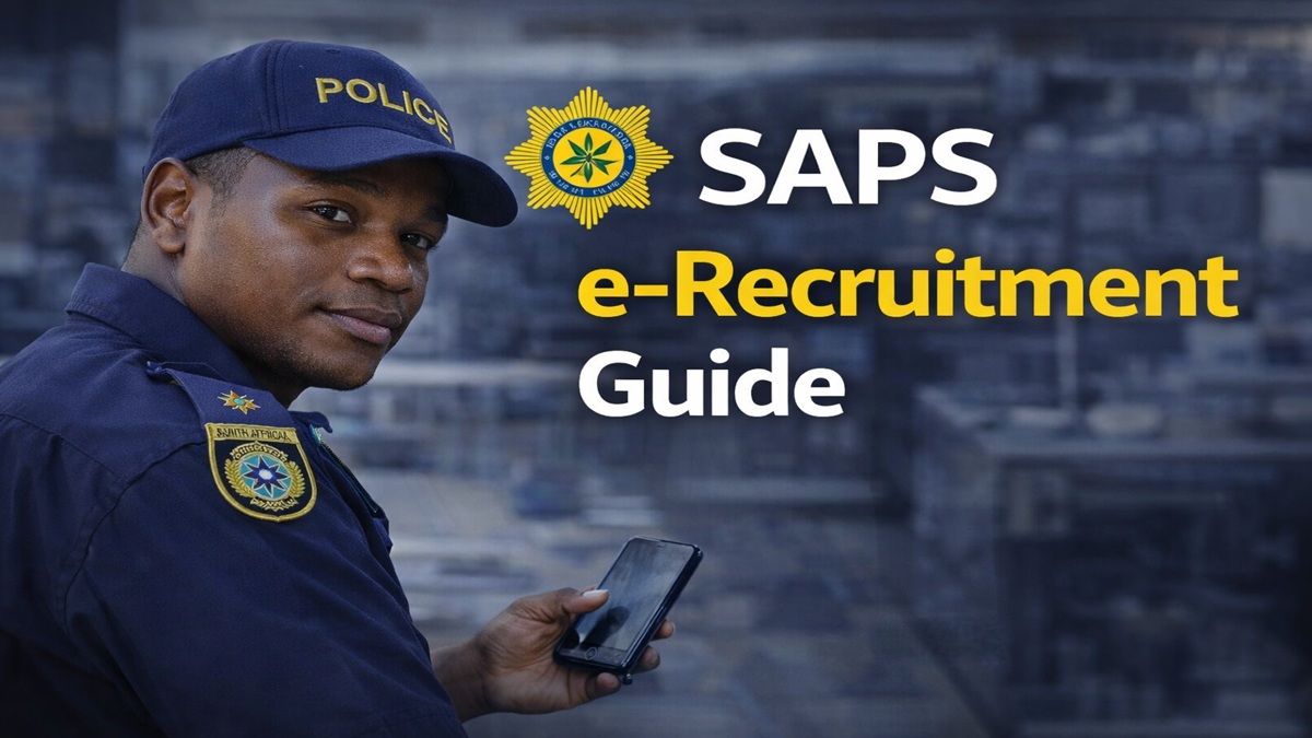 South African police officer using a smartphone representing the SAPS e-Recruitment portal application process