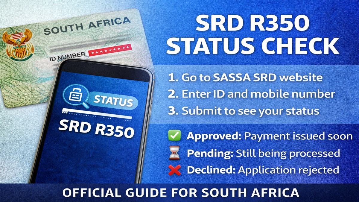 Smartphone and South African ID card showing SRD R350 status check steps for SASSA beneficiaries