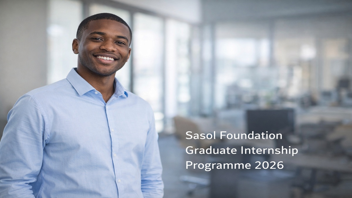 Confident young South African graduate standing in a modern office with natural light, representing the Sasol Foundation Graduate Internship Programme 2026 opportunity.