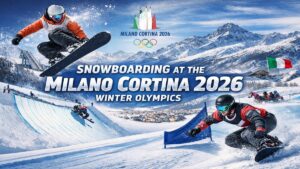 Snowboarding events at the Milano Cortina 2026 Winter Olympics featuring athletes performing Big Air, Halfpipe and racing disciplines in the Italian Alps