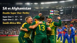 South Africa defeating Afghanistan after a dramatic double Super Over in the ICC T20 World Cup 2026