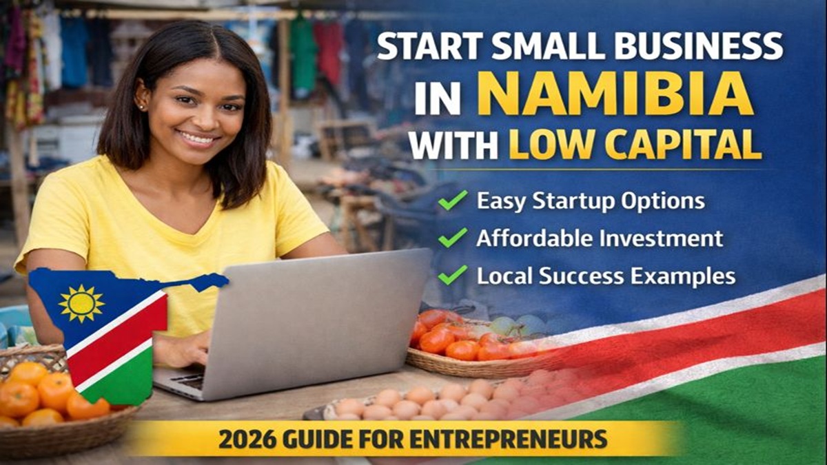 Namibian woman running a small business at a local market using a laptop, representing starting a small business in Namibia with low capital