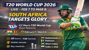 South Africa cricket player in action during ICC Men’s T20 World Cup 2026 with stadium background and tournament dates displayed