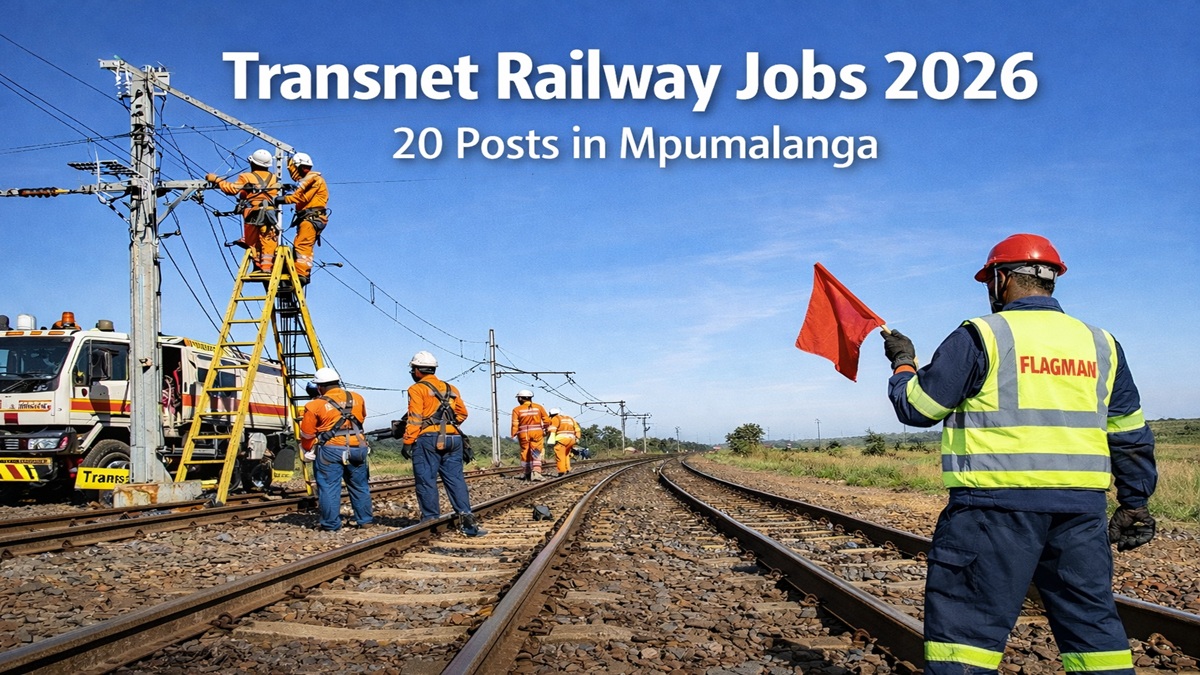 Transnet railway workers installing overhead track equipment while a flagman holds a red safety flag on railway tracks in Mpumalanga.