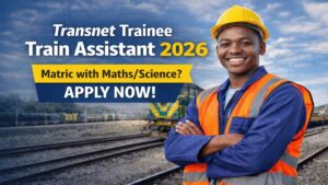 Young railway worker in safety vest standing near a freight train representing Transnet Trainee Train Assistant 2026 opportunity