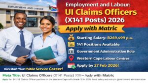 UI Claims Officer recruitment 2026 showing Employment and Labour government vacancies in Western Cape with 141 posts available.